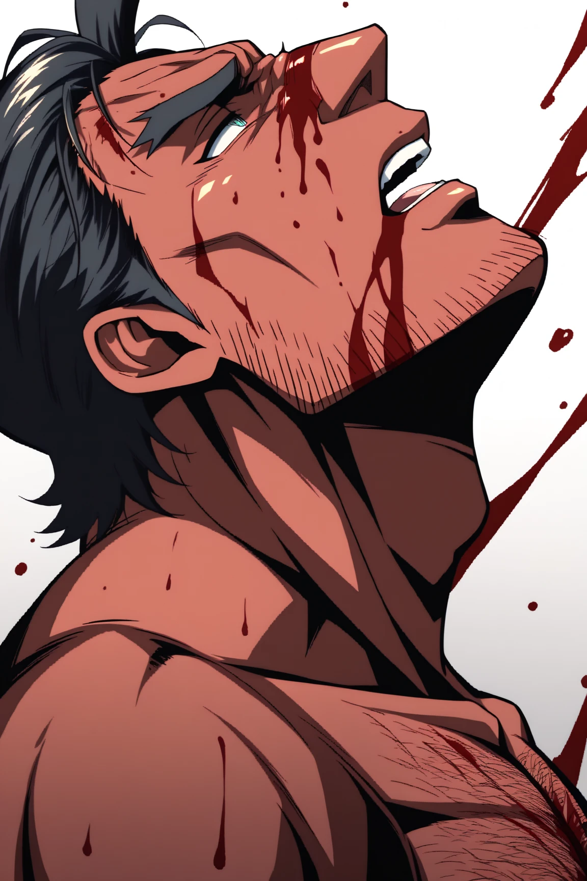ugly titan, covered in blood, wide mouth, black greasy hair,