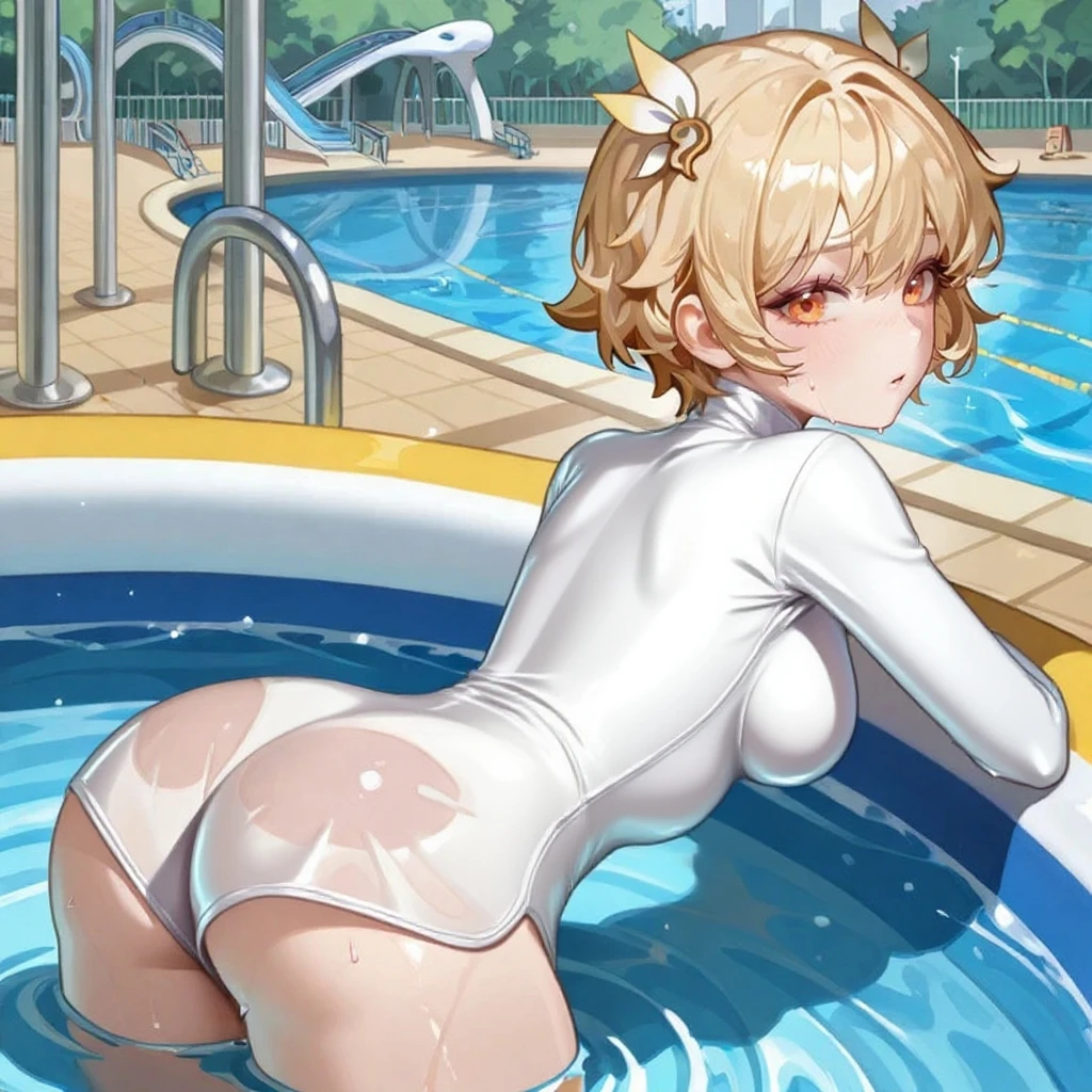 score_9, score_8_up, score_7_up, score_6_up, score_5_up, score_4_up, (source_anime), 1girl, neon genesis evangellion,( rei ayanami, small breasts, big Thighs), far, full body, Swimming pool ,Revealing the breasts, Swimsuit, Wet, school, anus