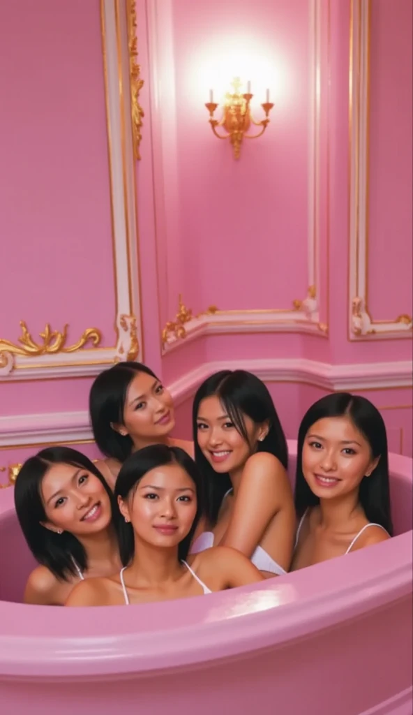 (photorealism:1.2), 4 beautiful young harem girls, sexy nude, big breasts, Pretty perfect faces like kendall jenner and young Jennifer Connelly and young Brooke Shields, straight hair, laughing playfully with me, in pink Jacuzzi in pink luxurious bathroom of pink palace, realistic, intricate details