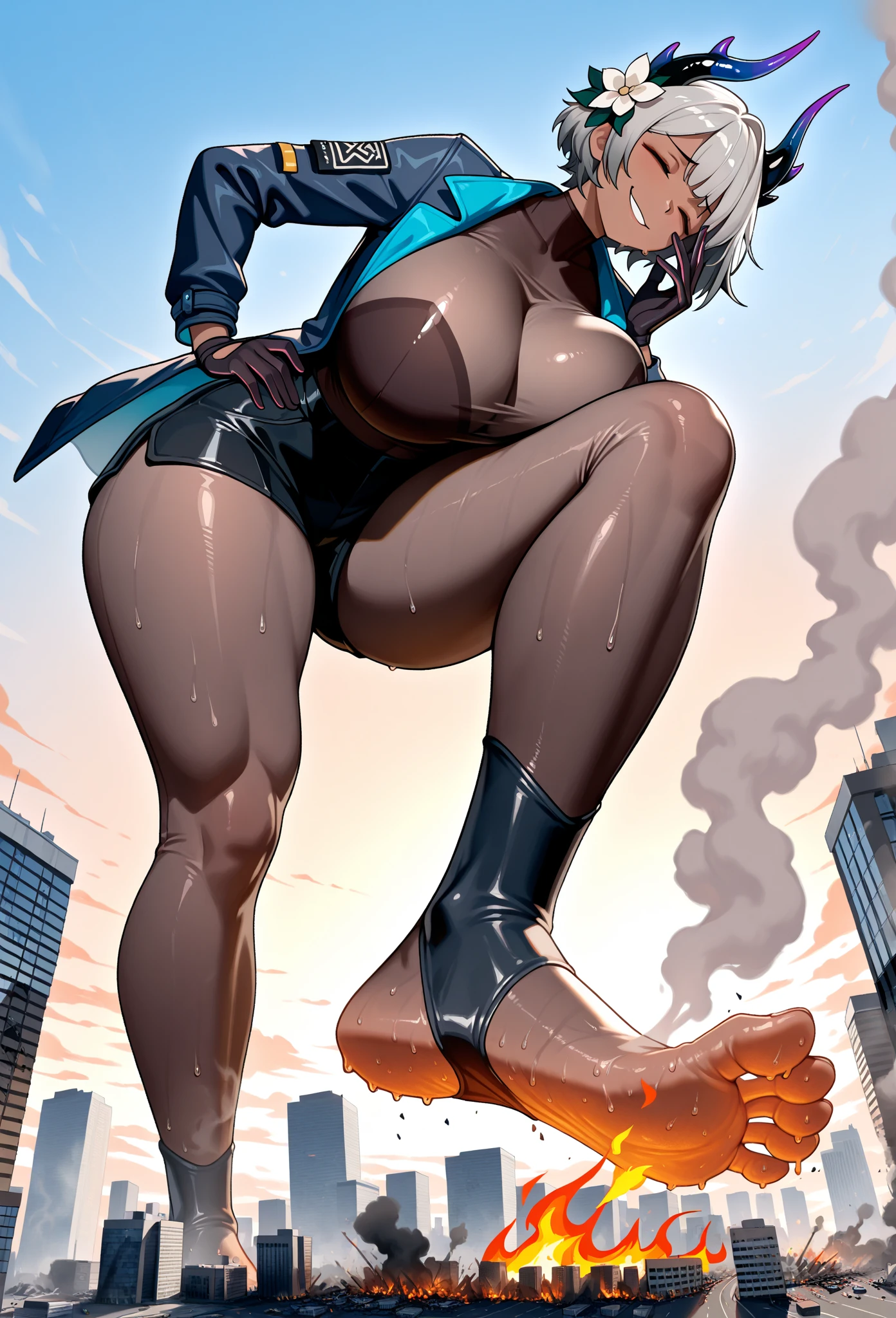 Seductive giantess woman in a barely-there leather outfit, with cascading platinum blonde hair and emerald eyes, struts through a futuristic city. Her curvy body crushes buildings beneath her stilettos. She gazes down at the tiny humans by her heels with a wicked grin, her sultry voice taunting them. Giantess, Goddess, sexy legs, heels, hot, curvy body, mommy issues, small town, small people, tiny people, macrophilia, perspective from below, high quality, almost naked, mature woman, seductive.