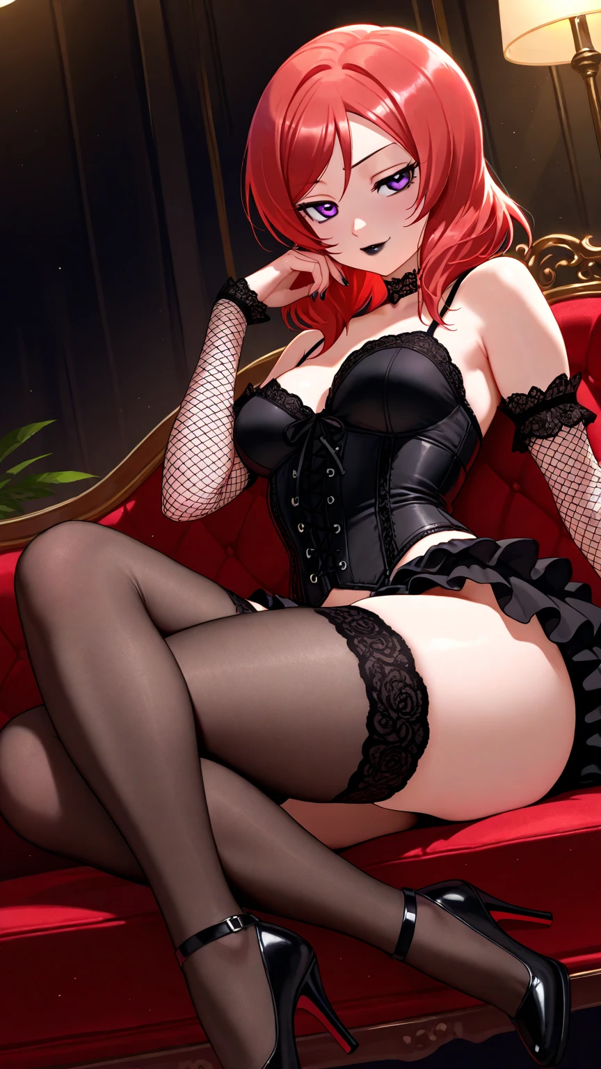 Hot rich redhead vampire anime girl sitting and holding a glass of wine in short clothes with a naughty face