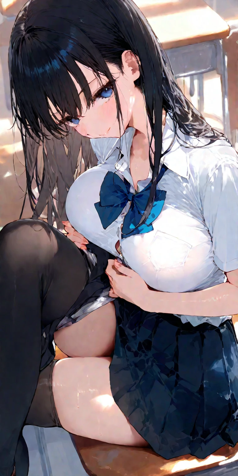 (nsfw:1.3)(masterpiece)(best quality)(1boy and 1girl),((1boy with ikemen and tall height and muscular and tall stature))(((height difference))) hetero (breast grab)(1girl with black hair and large breasts and very long hair and teal eyes and short height and 15 old years and loli) 22s game style, (tie) (bedroom)(vulgarity)(sex, cum on girl,excessive cum, wet skin, vaginal penis,intercourse with a man,clothed sex ,rape ,motion blur, motion lines, heavy breathing)(face to face,boy on top,missionary)((from side))