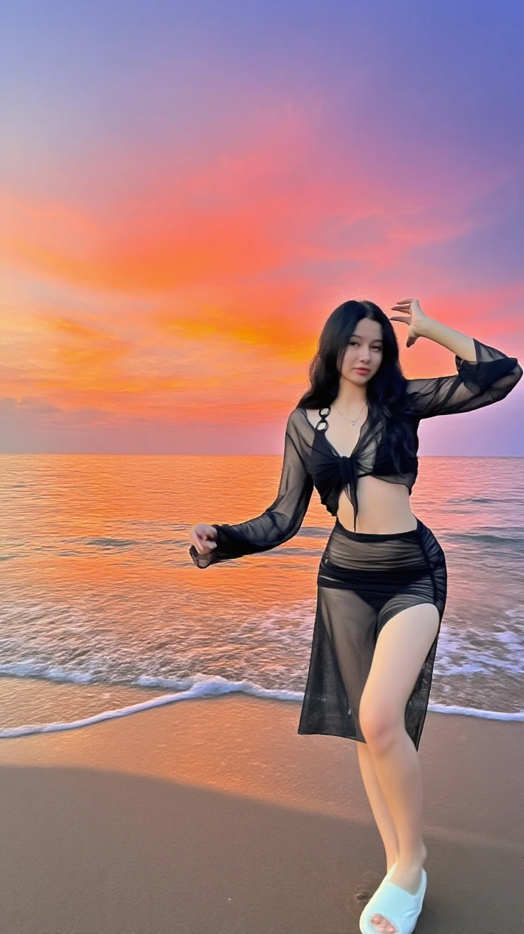 ((best quality)), ((masterpiece)), (detailed), hyper-realistic portrait of a majestic young woman in her mid-20s, exuding confidence. Adorn her in a flowing purple and gold dress, intricately detailed and elegant. Let the backdrop showcase a black sand beach bathed in the soft glow of night. Scatter blurry bokeh lights in the distance for an ethereal depth, and whisper hints of starlight across the vastness. To further enhance the scene, capture a subtle wave gently crashing on the shore, adding a touch of movement and dynamism.