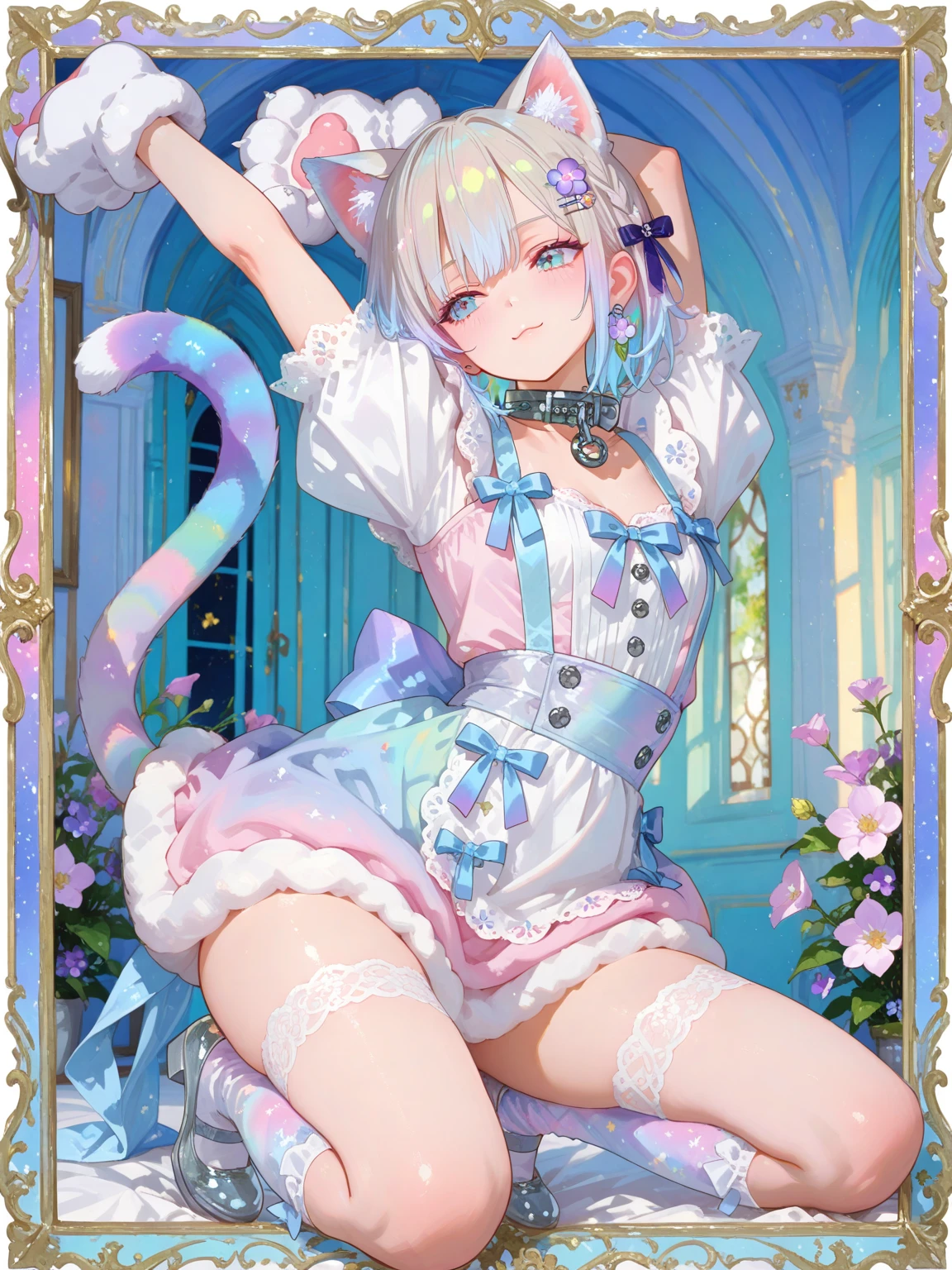 (Best quality),(Detailed), (1 girl),Kizi,a cat tail,There are cat ears on the top of the head,white thighhighs, short detailed hair,Medium breasts