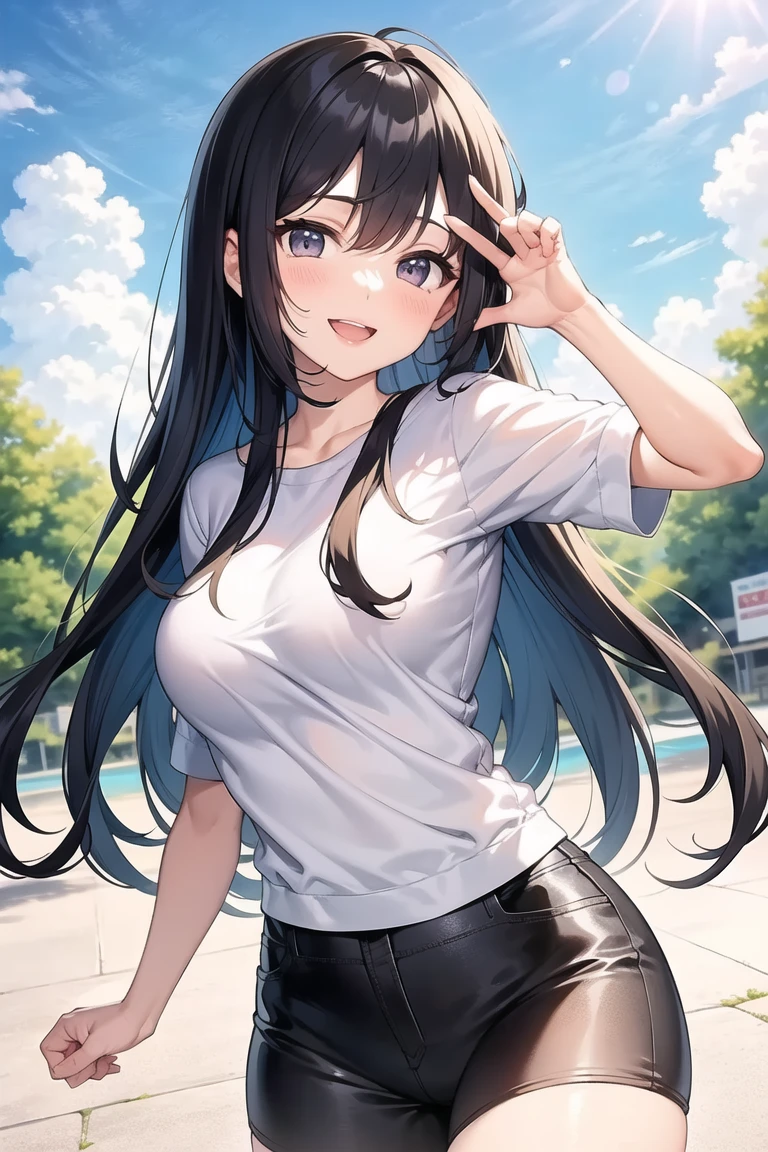(RAW Photo: 1.2), (Photorealistic: 1.4), (Best Quality: 1.4), Ultra High Resolution, (Detailed Eyes), (Detailed Facial Features), (Detailed Clothing Features), HDR, 8K Resolution, Solo Focus, Bangs, Skin Tightening, (Slender Girl), Dreamy, (Ultra Fine Illustration), Check Commentary, Commentary Request, Landscape, No Text, Virtual Girl Aim (smile) ( Medium breasts) Bangs Straight Long Hair Black Hair Black Eyes Crystal Pendant 1 Girl (Solo) Gentle and Cute Innocent Red T-shirt, Light Blue Hot Pants, White Sports Shoes, Sweatshirt, Sports, Anime, (Side), (Sleeveless)