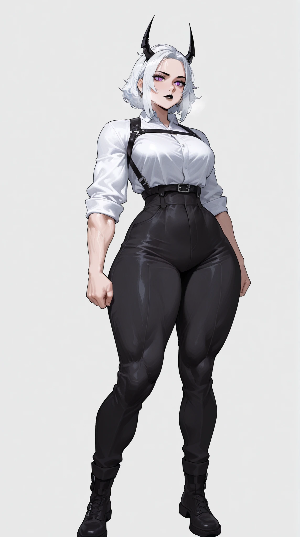 Full body image of Maki Zenin from Jujutsu Kaisen, full body in image, wearing her post-clan outfit (sleeves torn, harem pants), visible scars, short dark hair, female body, athletic and muscular body, dynamic pose, detailed pose, simple background, expressive face showing determination, focus on face, line art, sketch