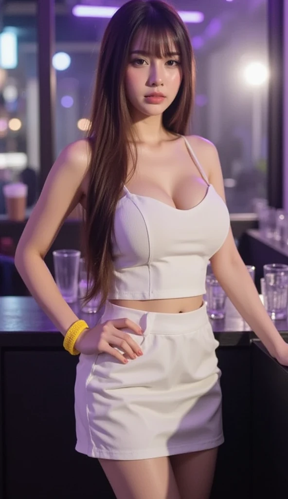 Full length blonde woman with long hair wearing a white shirt, gorgeous brown, Alexandra Waliszewska, Beautiful blonde girl, beautiful model, beautiful brunette woman, girl with brown hair, brunette swedish woman, Portrait of Nicole Aniston, Beautiful young woman, brunette, Magdalena Radzij, Photo of a beautiful woman, beautiful female model, Portrait of Sophie Mudd, Standing in the disco club, disco bar, bar, alcohol,
