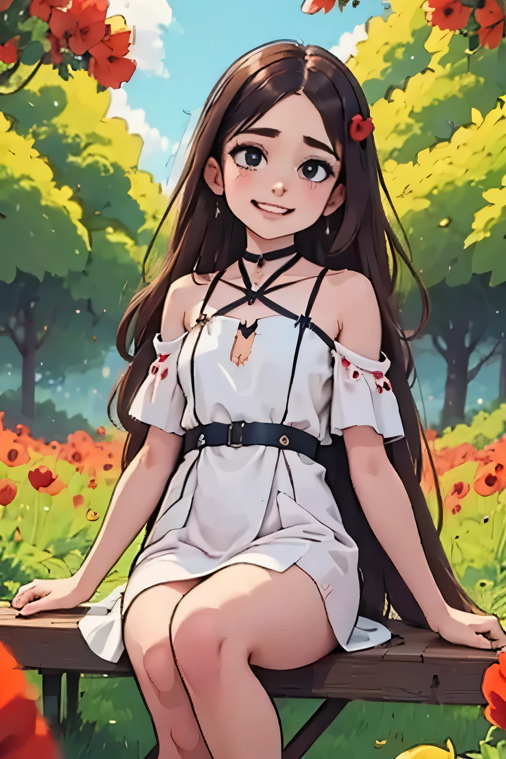 A tranquil field of red poppies sways gently in a summer breeze. The flowers seem to caress the air, each leaning in a different direction, like whispering souls. In the background, the sunset sky dissolves into layers of peach, lilac, and deep blue, with clouds fading like veils of thoughts. In the center of the field, a young girl sits cross-legged, a small easel in front of her. She paints in silence, a lock of hair brushing her face and a brush filled with light attempting to capture the sky. Around her, all is quiet: only the rustling of leaves, the scent of acrylic pigments, and the golden light that tinges her hands. She is alone, but in tune with the world.