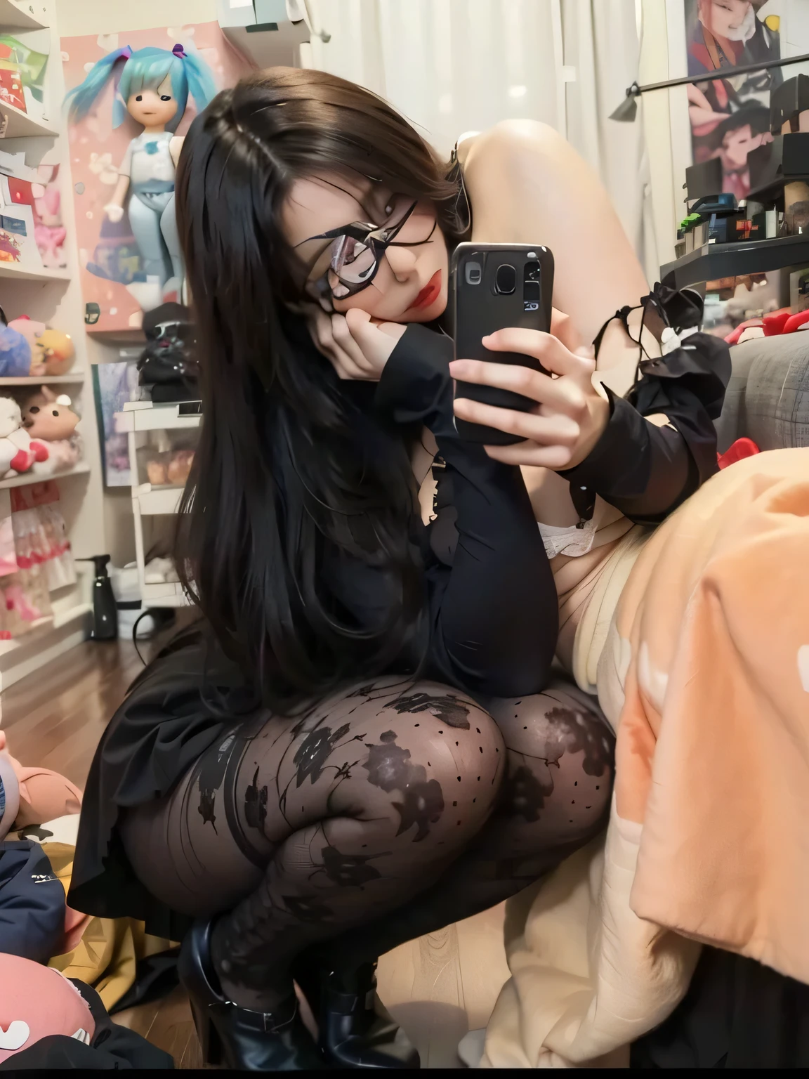 there is a woman sitting on a bed with a white shirt, cruel korean goth girl, asian nymph bald goddess, Imagens da webcam, sentada em sua cama, sentado na cama, 1 7 - year - old goth girl, pale goth beauty, sentado na beira da cama, [HD 32k]^10, altamente realista. live cam, 1 8 I