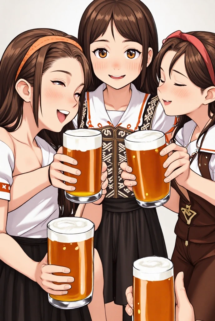 cheerfully toasting with wooden beer mugs and looking towards the viewer, as if they are toasting with the viewer too. They are wearing modern casual clothing, and the background is a lively bar or pub setting with colorful lights and decorations. The scene is lively and joyful, capturing the essence of celebration in a colorful animated style.