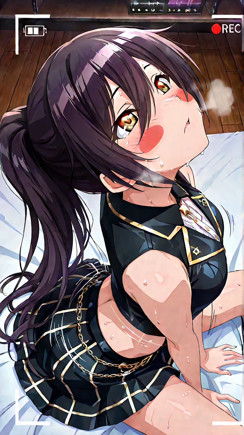 masterpiece, best quality, ultra-detailed, illustration, kawaii, detailed light, happy, smile, blush, Highlights hair, hair, beautiful detailed body, detailed sparkling eyes, 1girl, looking back, showing skin, buttocks, bare thighs, perfect limbs, underwear, on bed, full view of buttocks, showing buttocks, in heat,, legs open, show Vaginal rupture, top view, girl on the bottom, looking up, pressing her ass against the black mans pants.