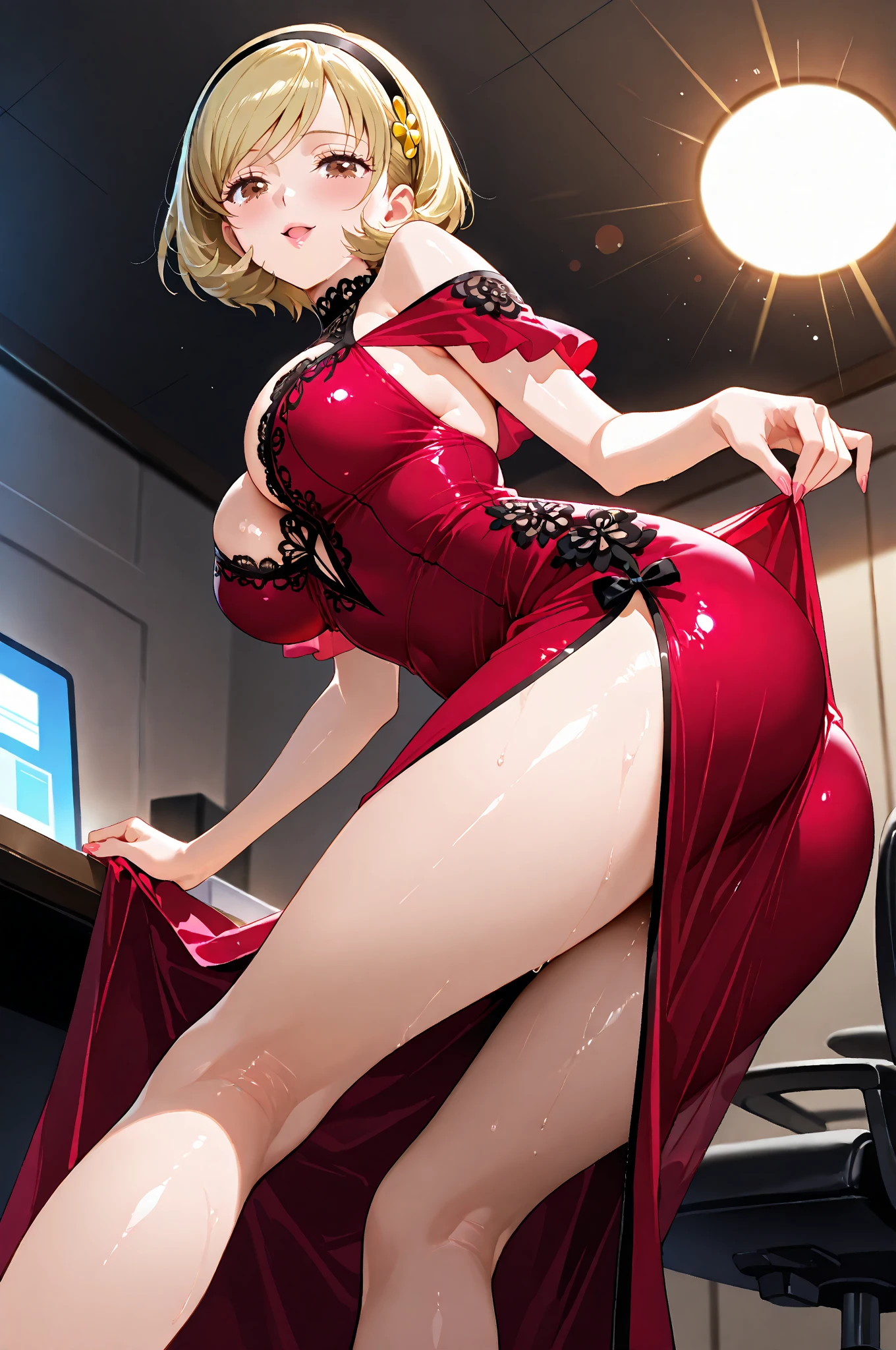 masterpiece, best quality, very aesthetic, absurdres,1girl,covered_pussy, ,blue_mary(fatal_fury), snk, the_king_of_fighters, 1girl, bare_shoulders, blonde_hair, blue_eyes,  short_hair, bob_cut,,chiffon skirt, lace skirt,tearing up,on a bench in a train,the sun set, city landscape over the window,,from below,floating_clothes