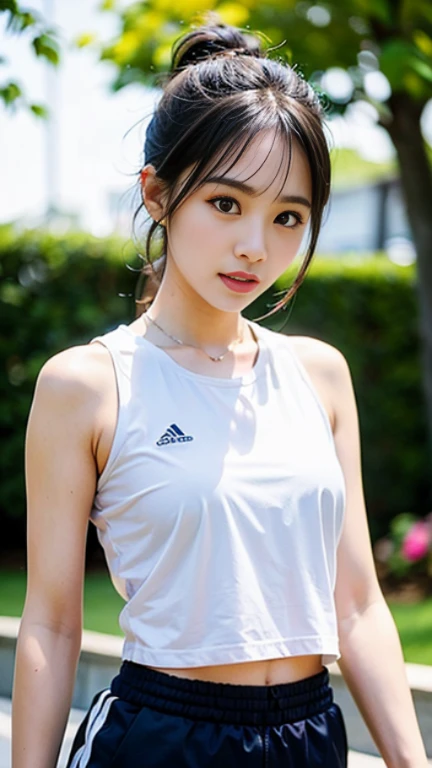 highest quality, pieces fly, ultra high resolution, (that'realistic:1.4), RAW photo, 1 girl, Mr. Kーpop idol, top ponytail and scrunchie, slender body,Adidas Jersey,running,fine eyes,(realistic eyes),delicate face,realsMr. Kin,fine hair,Detailed sMr. Kin,cute face,((smile))、((laughter))、((you look happy, smile)),
