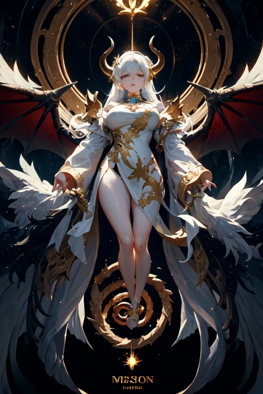 Numerous award-winning masterpieces, with incredible detail, textures and maximum detail), (hyper realistic:1.4), (upper body up:0.4), (realistic:1.3), (best quality real texture skin), ((full-body standing image)), (finely detailed true circle Symmetrical eyes), (A finely drawn beautiful face), (decadent image: 1.5), (Aesthetic image: 1.5), lewd and seductive image, ((medieval world)), ((The Lord's Black Devil)), ((The Lord's White Devil)), (icy look in the eye), (She has a mischievous smile on her face), (Eyes that glow red in the dark:1.5), (many Devil dancing in the background), (Dramatic Light), (A majestic sight), (Her countenance is gentle and beautiful, but somehow terrifying), ((Large wings with feathers behind shoulders)), (Folded wings), Glass earrings on the ears, (((dramatic photo))), (twilight), (sunset), (dusk), (Seducing Pose), (dramatic pose), (golden hair), (silver hair), (chestnut hair), Short cut hair, ((Full-length portrait)), ((looks up)), ((looking down)), (Around her neck is a simple necklace of exquisite workmanship), (Swirling flames), (Swirling lightning), (swirling ice and snow), ((gives full-body standing image)), Old ruins infested with plants, great temple, great cathedral, temple ruins, detached temple, Luminous magic circle, Ruins of an ancient castle, Deserted ruins, crumbling ruins, Ancient ruins with clear water, wavelets, running water, Shining majestic cloud masses and sky, lightning bolt, epic realistic, ((neutral colors)), (hdr:1.5), (muted colors:1.2), hyper detailed, cinematic, warm lights, dramatic light, (intricate details:1.1), complex background,