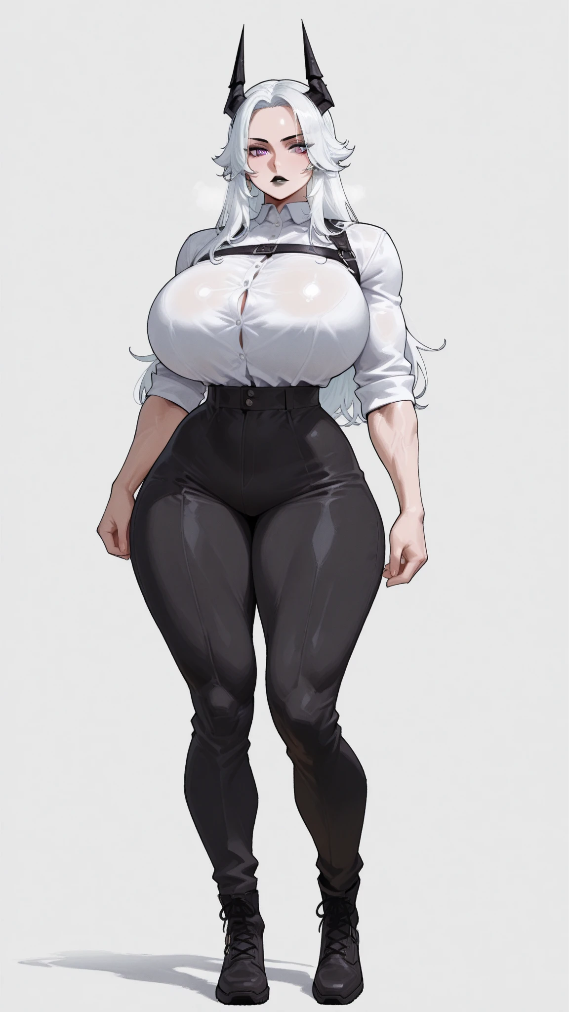((blank background)), masterpiece, best quality, silver hair, (curvy:1.8), (massive breast:1.5), ((full body framing)), (long legs:1.6), symmetry, farmer woman, (blue overalls), long boots, belt below navel, lumberjack shirt, (wavy hair)