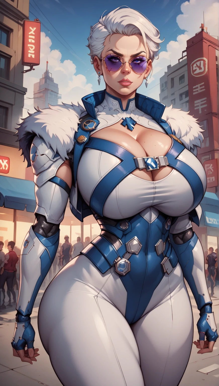 Chun Li, woman solo, hourglass body, large breast, tight outfit, at the street, masterpiece, high detail