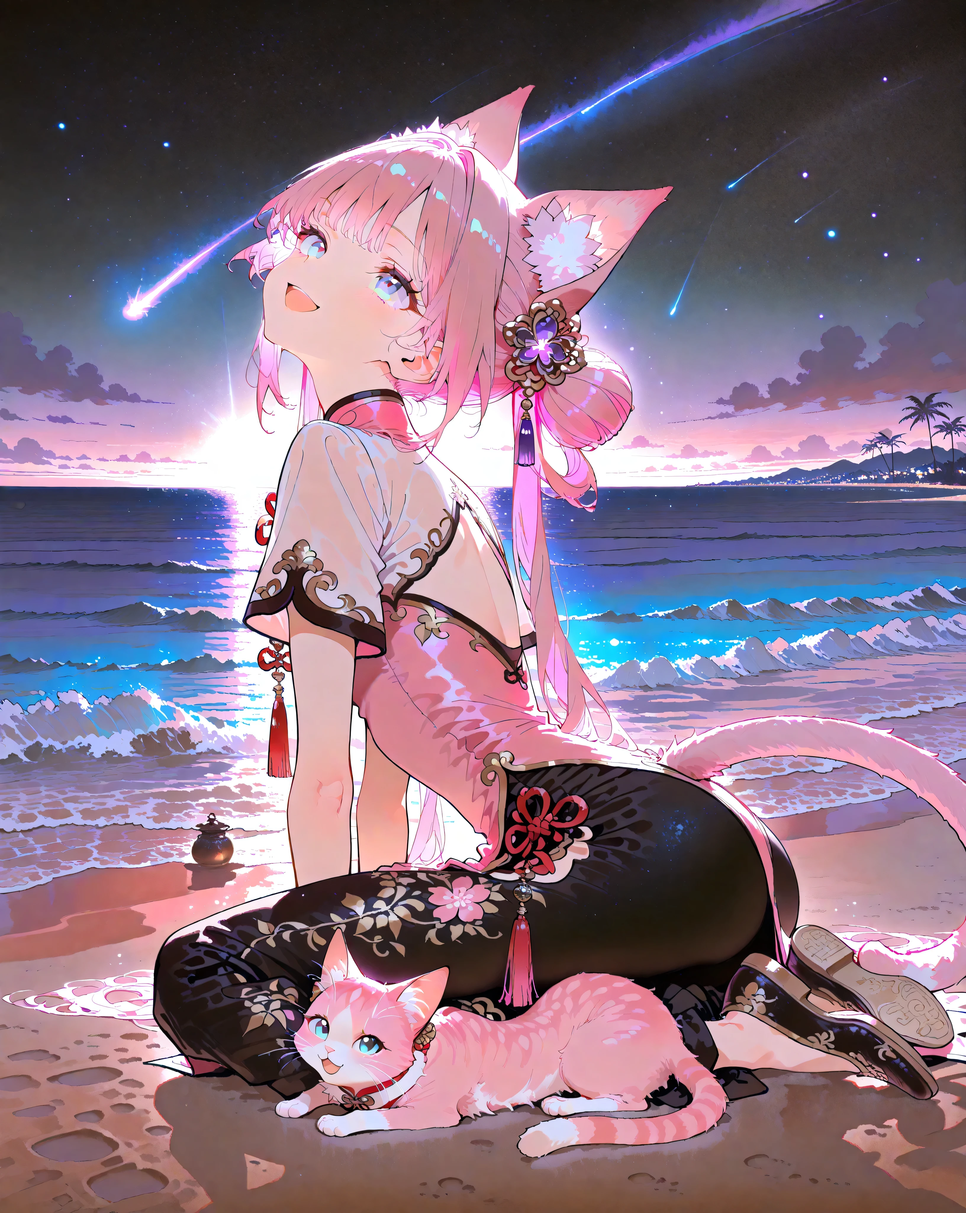 (masterpiece, best quality, ultra high resolution, ultra detailed):1.5,
(anime style, sharp focus, extremely detailed, illustration, clean lines):1.4,
(glowing, cg effect):1.8, (ethereal, dreamlike):1.6, (luminous aura):1.5, 
(cute girl):1.8,
(pink cat ears, pink cat tail, pink fur):1.8,
(Sit pose):1.5,
(cute smile, large eyes, blue eyes, look at viewer, open mouth smile, full smile):1.6,
(looking up):1.5,
(Lie on stomach):1.3,
(silhouette, blended background):1.6,

(pink hair):1.5, (outer hair: dark pink):1.5, (inner hair: light pink):1.5,
(flowing silky hair):1.6,
(high double chinese buns):1.8,(elegant coiled updo):1.5,(exposed nape):1.2,(stray hair strands framing face):1.1,
(dangling tassels, bù yáo, small floral, glistening, ornate hair ornaments for double buns):1.5,

(cheongsam and kung fu pants style):1.8,(vibrant amethyst purple cheongsam):1.8,(Long, floor-length cheongsam):1.6,Mandarin collar,short sleeve cheongsam,
(Black kung fu pants):1.8,(Cat tail sticking out of kung fu pants):1.6,(opaque Black kung fu pants, no slits):1.6,
(Chinese shoes):1.1,
(textured fabric, intricate embroidery):1.4,

(black sand beach):1.8, (wet sand, starlight):1.8, (fine sand):1.5, (shoreline):1.5, (sand texture):1.5, (soft sand):1.5, (loose sand):1.5,
(bioluminescent, crashing waves):1.7,
(shimmering, starlight, ocean, sea horizon):1.4,
(midnight sky, brilliant stars, shooting star, meteor shower, celestial phenomena):1.8,
(overlapping background, dreamlike landscape):1.7,

(cinematic lighting, volumetric lighting, dramatic lighting, dynamic lighting, contrasting light and shadow, rim light, dramatic angle):1.3,
(soft glow, iridescent, glowing particles):1.3