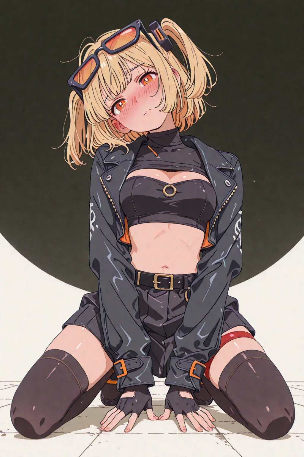 wolf ears, 1boy, gold eyes, black hair, short hair, wolf tail, vibrant, HD, black baggy hoodie, black booty shorts, accurate hands, blush, black thigh socks, smug, big butt, big thighs, toned abs, black shoes, flat chest, accurate legs
