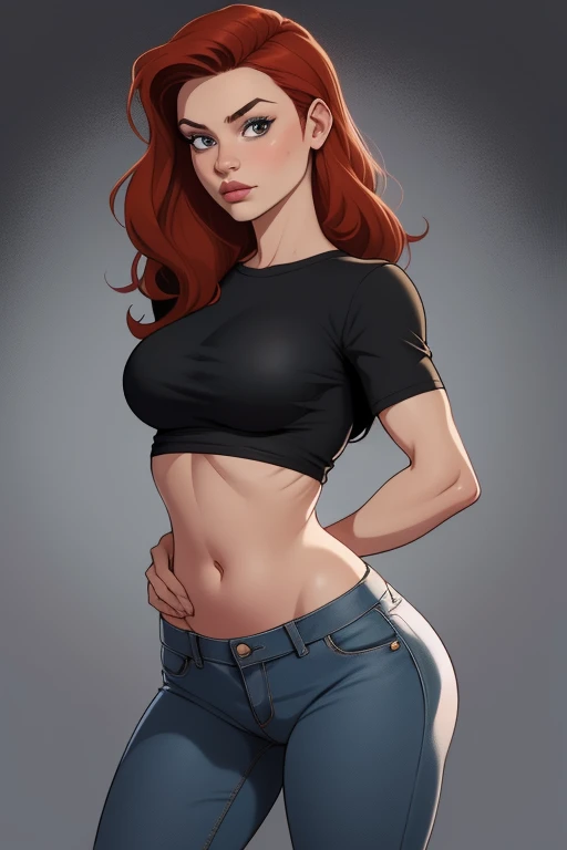 Arafed woman with red hair and jeans posing for a photo, mejor conocida como Amouranth, wearing a sexy see through crop top, Amouranth, realistic shading perfect body, beautiful realistic upper body, perfectly shaded body, Photorealistic perfect body, beautiful upper body, beautiful abdomen , Realistic style 