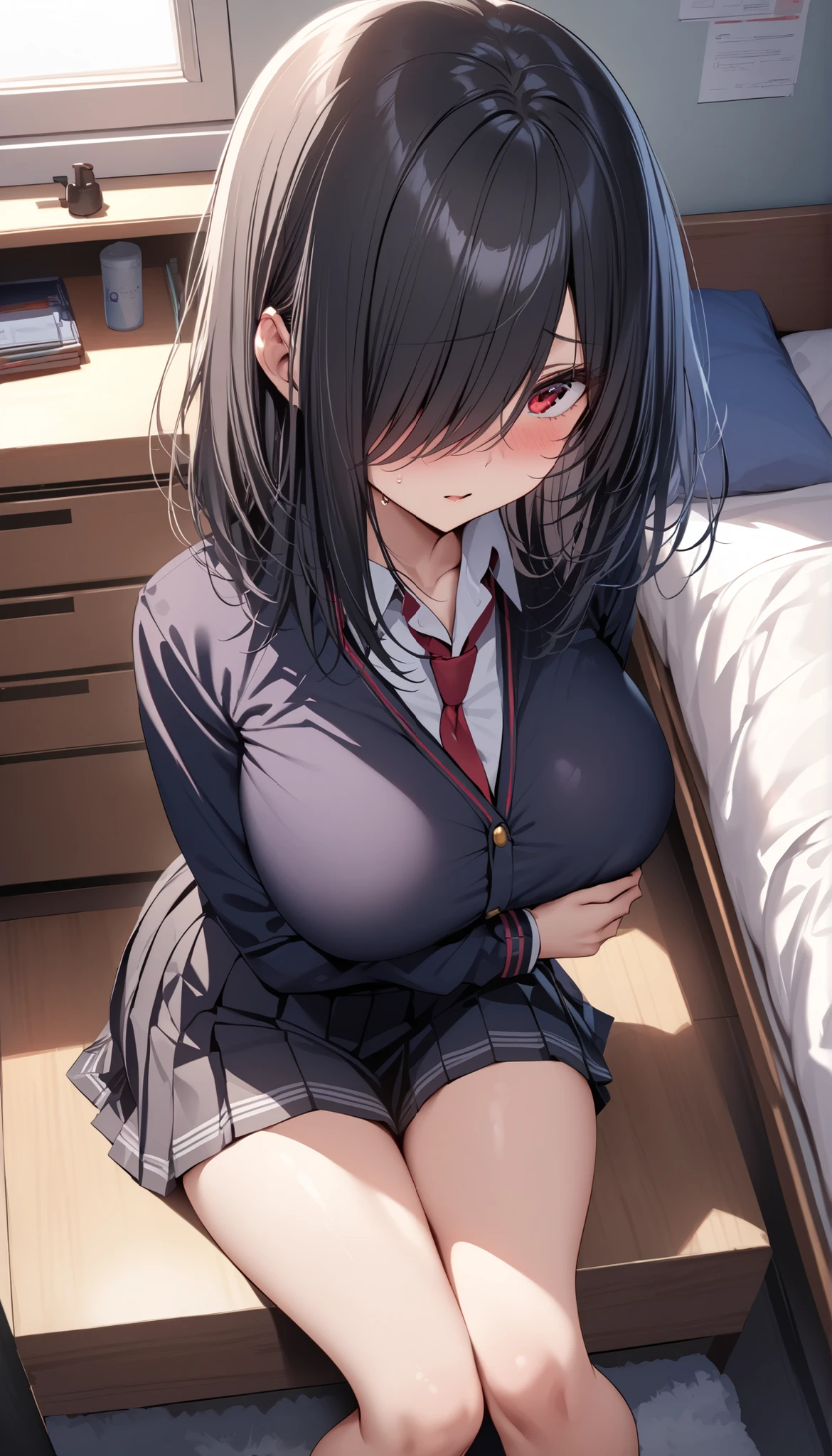 (1 woman), ((special occasion thong panties:1.3)), (((under boob:1.3))), ((Crop Top shirt)), sitting, ((spread legs, one knee up)), (Sailor school uniform only for the upper body), (white short shirt), summer clothes, ((Red Ribbon Tie)), ((sheer white long thigh-high socks)), long thigh high socks, (((long glove))), masterpiece, Best Quality, High quality, High Definition, Finely detailed, Detailed texture, realistic representation of face, Realistic, Colorful, Ray tracing, ahegao, sad, smile, (((crying))), (drooling), ((steam)), (glowing eyes), (Detailed beautiful delicate face, Detailed beautiful eyes, A perfectly proportioned face, High detailed skin, best ratio four finger and one thumb, (((Glowing white shiny skin))), (oiled skin), (large breasts), ((Smooth texture, Realistic texture, Photorealistic)), ((Green eyes)), semi-long hair, (Beautiful face, Cute face, Detailed face), on a bed