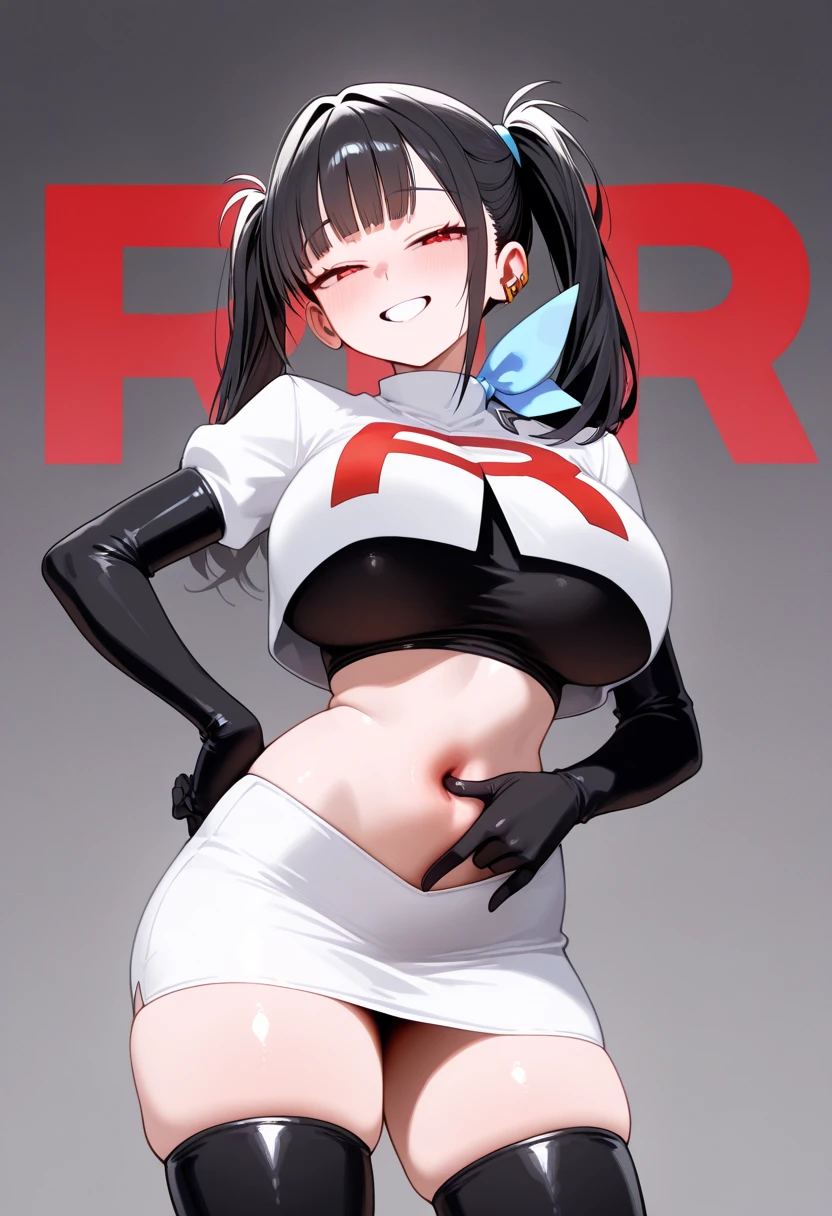 masterpiece, best quality, 1 girl, Tom(Tom and Jerry), darkblue hair, long hair, team rocket,team rocket uniform, twitch, slapstick comedy, laugh eyes, laugh open mouth, big bump on head, sexy, virjin, stupid, villain, wet,