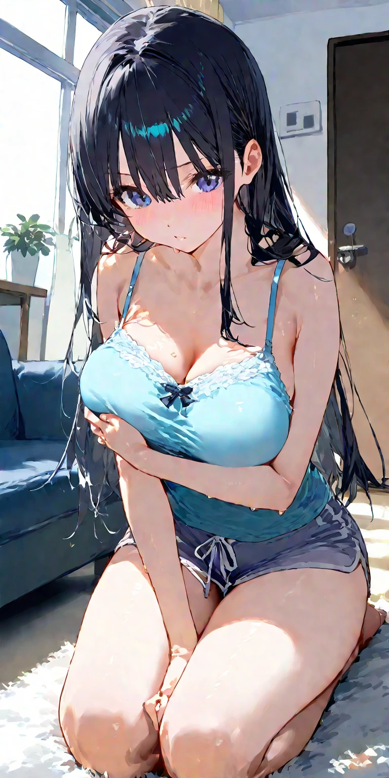 (((highest quality、8k、masterpiece：1.5)))、(Black Hair、Long Hair、((Large Breasts：1.6))、Underboob、(Light blue striped micro bikini:1.1)、Denim shorts、16 years old))、((Perfect Anatomy))、whole body、Facing forward、looking at the camera、beach、Smug face、She spreads her legs and shows off her pussy