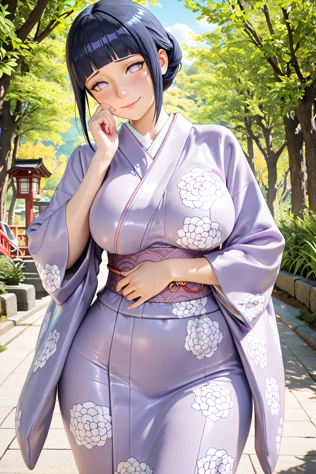 Make a beautiful young woman, tall, with short green hair, cat ears, purple eyes, a pretty, perfect face, with a beautiful smile, a beautiful look, a beautiful body, a perfect body, with dark skin, a dark complexion, a slender body, large bust, wide thighs, with a kimono, perfect kino, the kino is detailed with lus, the kimono highlights her figure, the kimono is tailored to her body, anime style, high quality, clear image