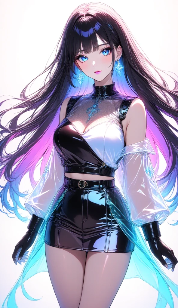 character design of a girl The character has a slim, agile build, average height around 5'5", light olive skin with a slight shimmer, long flowing hair with an ombre effect from dark roots to silvery white tips, large iridescent eyes that change color depending on the light with slightly elongated pupils, (nude:0.8) a fitted sleeveless bodysuit made of reflective holographic material, matching leggings, lightweight high-tech boots for silent movement, a high-tech utility belt, fingerless gloves, and a small iridescent cloak.
She has a faint shimmering aura resembling heat waves when using her power, creates visual and auditory echoes that are slightly translucent and shimmery, and visible sound waves emanate from her.
She is in a dynamic, natural-looking pose mid-action, one leg slightly bent, arms poised, with a confident facial expression featuring a mischievous smirk and focused eyes, and an excited expression with wide sparkling eyes and a broad smile or shout.
The background is a futuristic cityscape at dusk with tall buildings and neon lights, slightly blurred, with echoes of herself and other objects scattered around. The color palette includes iridescent blues, purples, silvers, subtle hints of black and white, and dark blues and purples with neon accents in the background., detailed gorgeous face| anime style| key visual| intricate detail| highly detailed| breathtaking| vibrant| panoramic| cinematic| Carne Griffiths| Conrad Roset| gibbli 8k