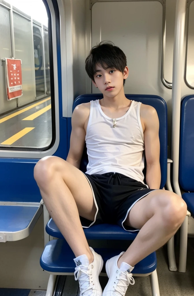 asian man,   men, unsmooth skin, wearing no shirt, muscular chest, Dark eyebrows, bulge grande, volume in underwear, pose natural, legs spread open, stand in bus