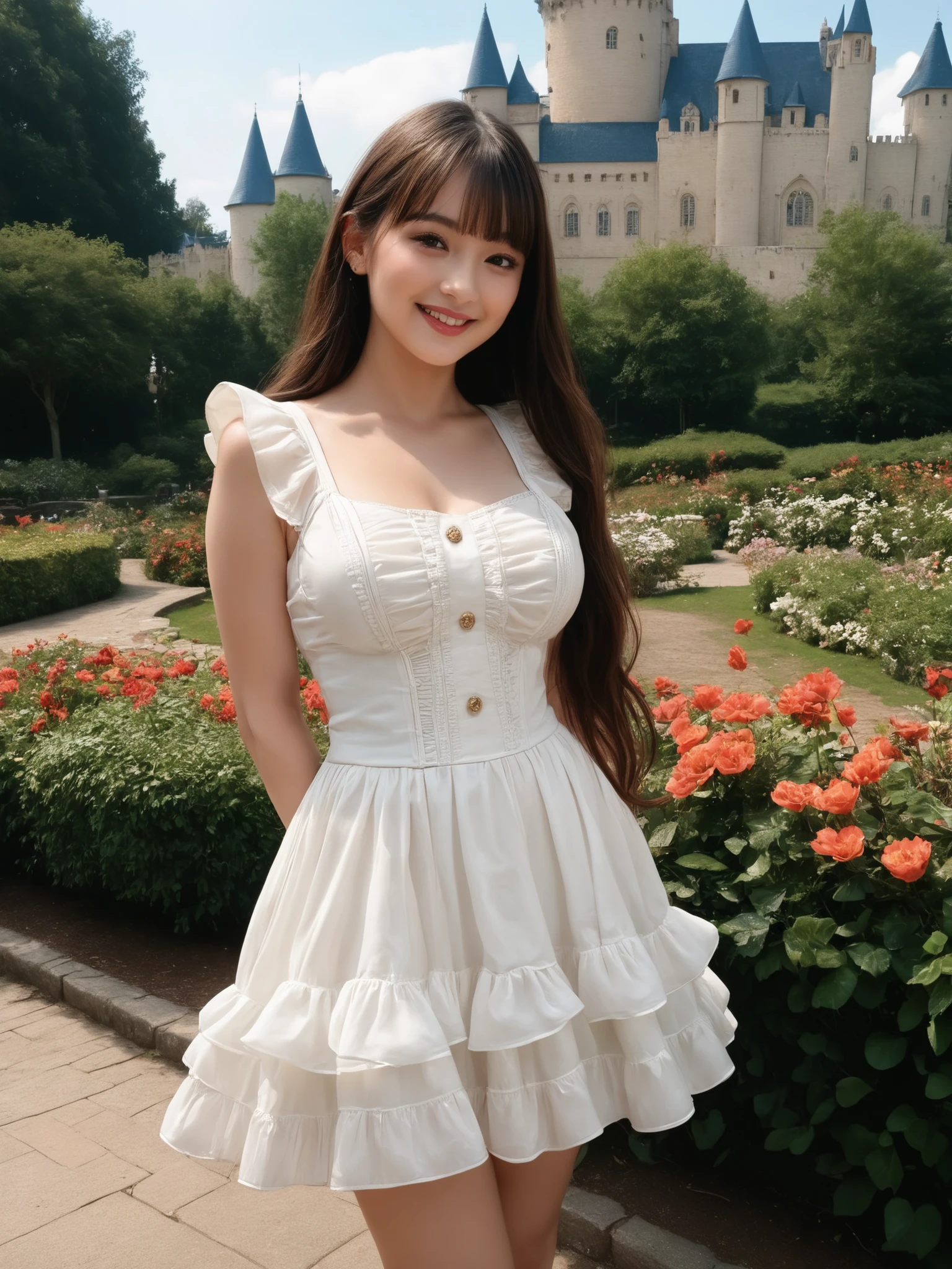 Score_9, Score_8_up, Score_7_up, Score_6_up, Score_5_up, Score_4_up, Source_real, Tag1, Tag2, Anatomically correct, realistic, 1 woman, 23 years old woman, beautiful woman, Highly detailed beautiful face and eyes, Detailed skin, (natural saggy big breast:1.0), big ass, thick thighs, wide hips, curvy, (oiled body:1.0), smile, (long hair with bangs), (wearing Cutesy frilled dress), arms behind back, Summer season atmosphere, The background is the castle, Being in the flower garden,