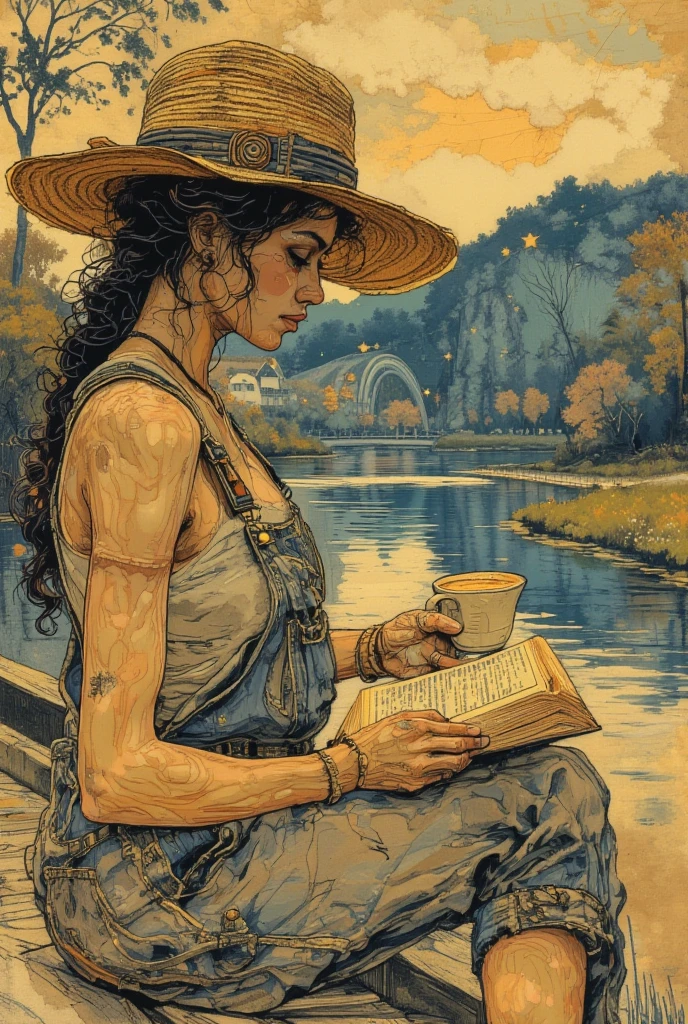 1woman, by EgonSchiele,
((long black hair, mexican, tanned, curvy, wide hips)), laying down, blanket,((wearing sundress)),hat, reading book,eating apple,slightly open lips, arch, swirls,
starry night by Vincent Van gogh,
Asian-Less:1.5, <lora:EgonSchiele_Style_v01:0.6> <lyco:GoodHands-beta2:1.0>