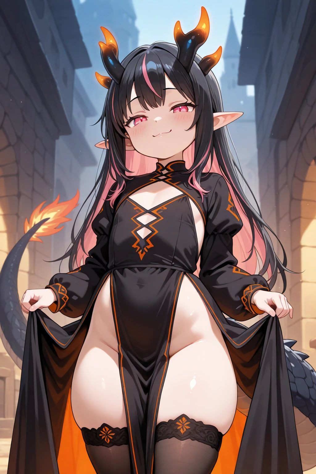 black hair, messy hair, bell, dragon horns, glaring, happy tears, wolf ears, food on face, pout, light smile, angry, annoyed, embarrassed, blush, tsundere, drooling, hug me pose, flat chest, cowboy shot, nopan, pussy, peeing, swimming pool, 8k, masterpiece