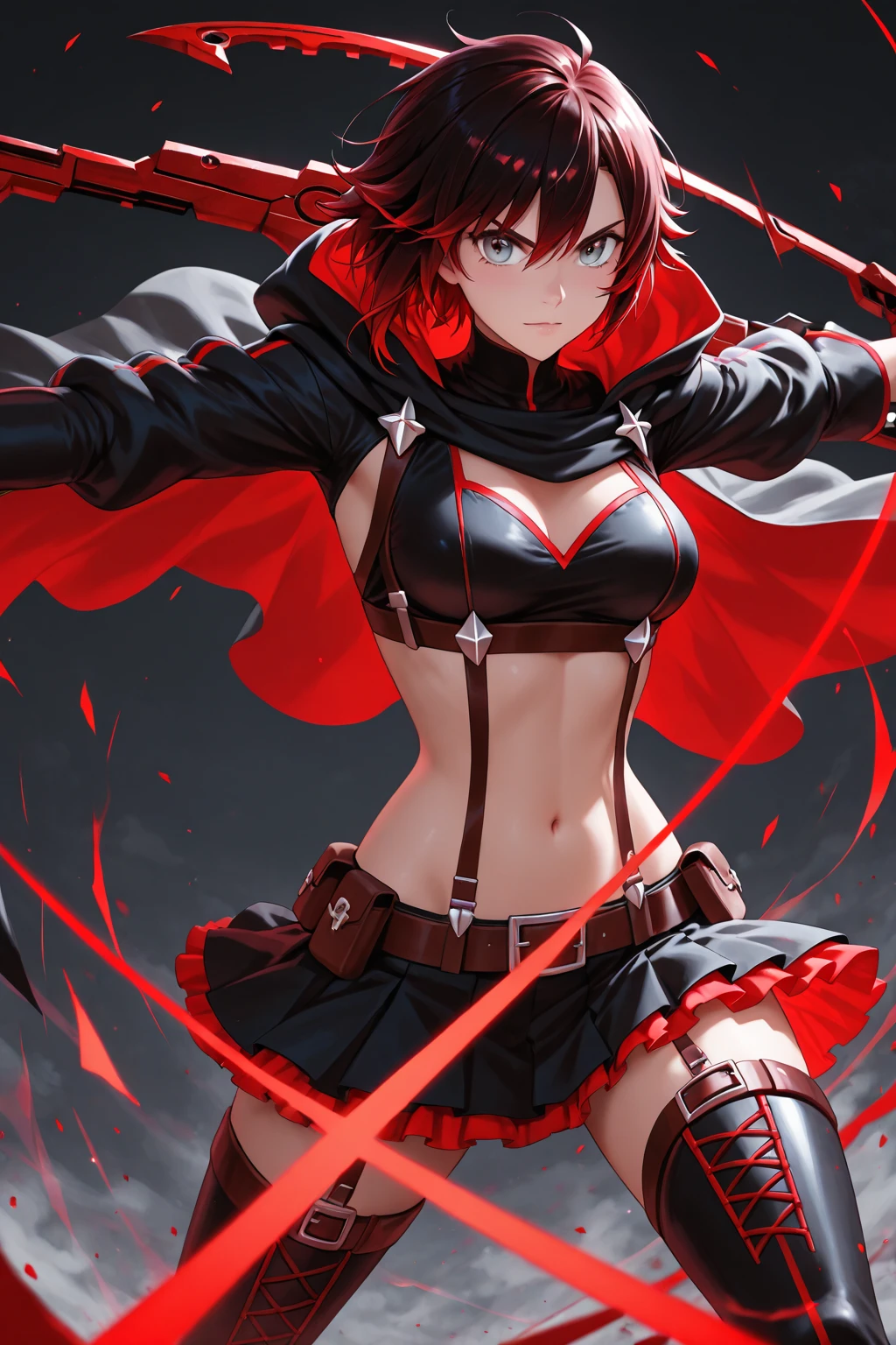 Nishikino maki, Purple eyes, red hair, purple crop top, strapless, cleavage, pelvic curtain, thighhighs,cape, black lips,dark magic, llchar