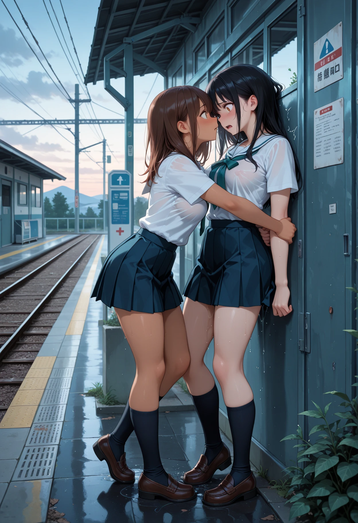 View from below, from behind,​ low angles:1.4, station, (train station stairs), 4girls, multiple girls, (back of head:1.4), (school uniform), (dark blue blazers), ((pleated skirts:1.2)), (high socks), (loafers), ((Perfect erotic panties)), ((Showing panties)), beautiful thigh, Large crowds, Walking, masterpiece, best quality, highly detailed, End of summer, after school, White T-back, ass