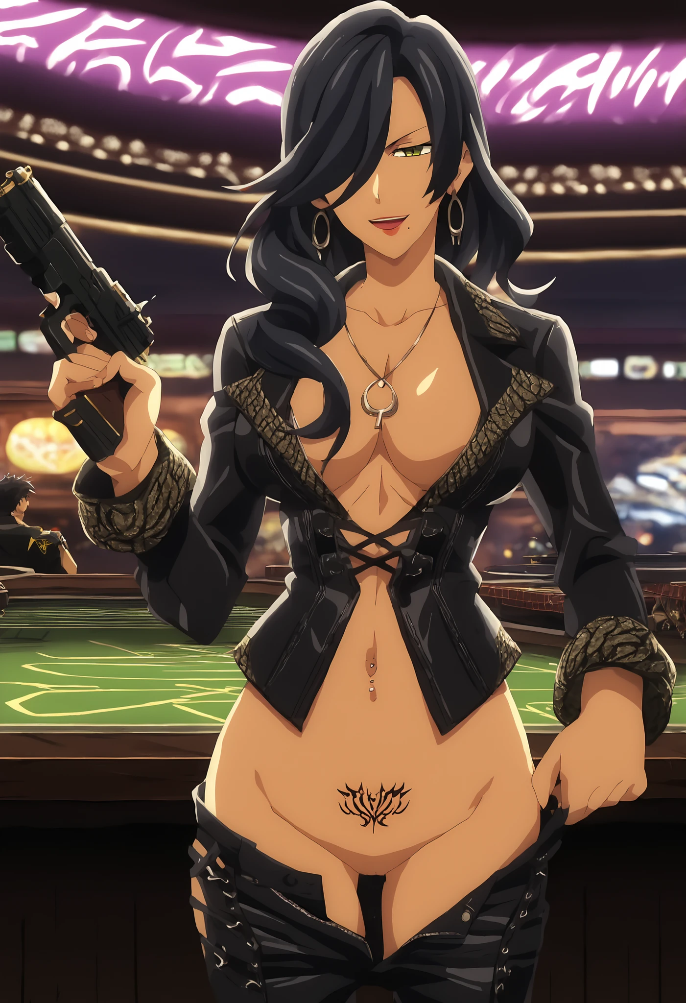 (masterpiece, top quality, best quality, highly detailed:1.2), 1girl, solo, photo of a sexy lounge singer posing seductively on stage and peeing on the floor, peeing self, having an accident, casino, indoor, standing, ((pee stream)), (pee puddle), pee stain, panties, form-fitting red gown, wet gown, wet furniture, pee puddle, peeing, thigh high heels, stockings, wet stockings, black hair, green eyes, smirking, golden braclet, goled coller with jade in the middle, jade ring, red lipstick, black long gloves