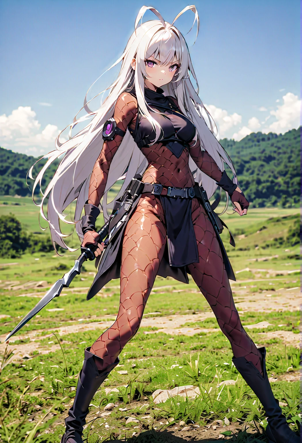 score_9, score_8_up, score_7_up, source_anime, 1girl, prefect lighting, very aesthetic, intricate details, highly detailed background, masterpiece, high quality, prefect hands, best quality, solo,
<lora:A2_Nier_V1:.85>, kjoa2, white hair, blue eyes, hair between eyes, pink eyeliner, mole under mouth, long hair,
torn black bodysuit, torn thigh-highs, torn elbow gloves, dirty, 
from below, expressionless, parted lips,
forest, day, tree shade,
(Beautiful, medium Breasts:1.2), natural breasts,