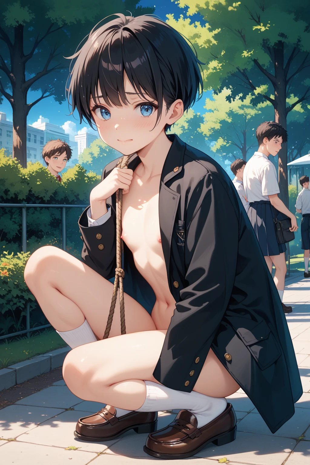 NSFW,A young completely naked boy standing in the crowded green park,shota,(midnight),(constricted pupils,scared:1.31,fake smile,tears,embarrassed),(best quality,8k,highres,masterpiece),ultra-detailed,Looking at viewer,double peace sign,penis between legs