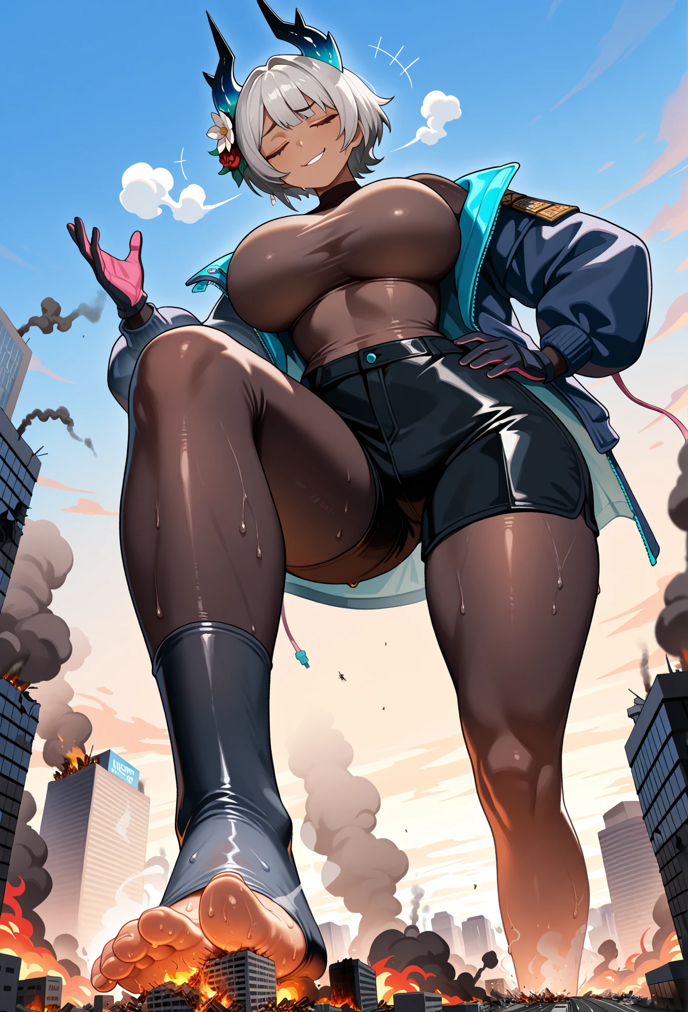 Naked Fat Sweaty Lustful Pervert Loli girl giantess with short hair with fat thighs with a fat ass with fat tits with a beautiful open mouth and a beautiful protruding tongue presses into the anus of a small woman standing with her feet on crushed houses above the city, view from below