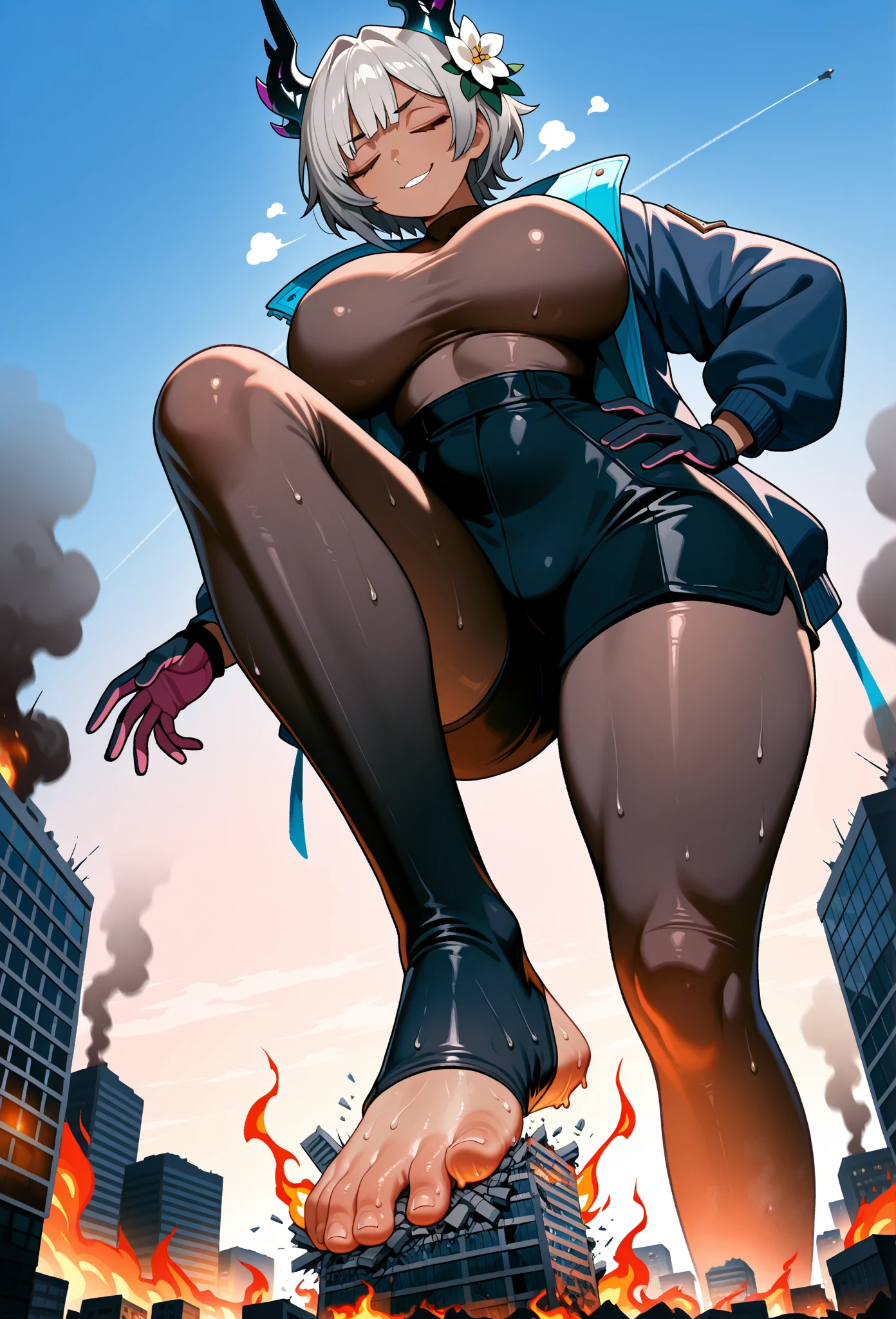 Giantess in the city, watching a tiny human as he destroys the city around him