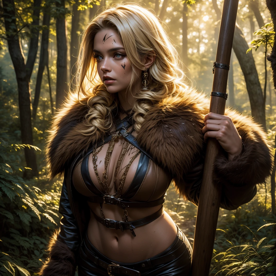 Lycanthrope woman with wolf face and wolf head, blonde brown fur all over her body, sexy complexion, belt of wolf fur, sharp claws, yellow eyes, looking straight at the viewer in a foggy forest background 