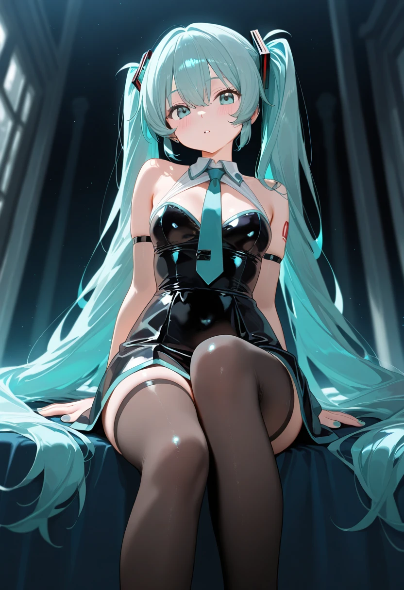 1girl, hatsune miku, vocaloid,(Bontage leotard:1.5),(sitting on the 1girl:1.5), crossing legs, looking down, from bottom, looking at viewer, outdoors,evil aura,evil smile,full body,dark aura