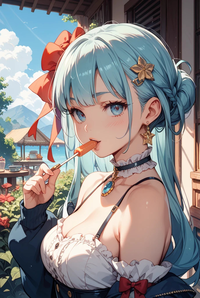 Beautiful boy with white and blue hair and brown skin, succulent and sexy and very sensual curves, rather sloppy pig cosplay with torn suit, face and facial features delicate and a little rustic and clearly blushing, very detailed, 8K, riding on a rock eating soba, a yaoi work. anime teacher