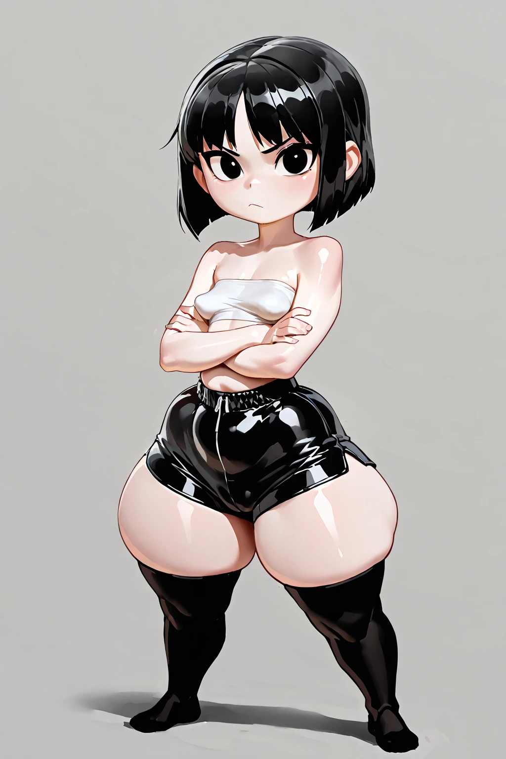 1girl,squatting,legs spread apart, front view, bike shorts, sports bra, sprite sheet, consistency, looking at viewer, lineart, monochrome, muscular abs girl, (thin waist), ((curvy)), ((wide hips)), short black hair, sexy, muscular thighs, full body