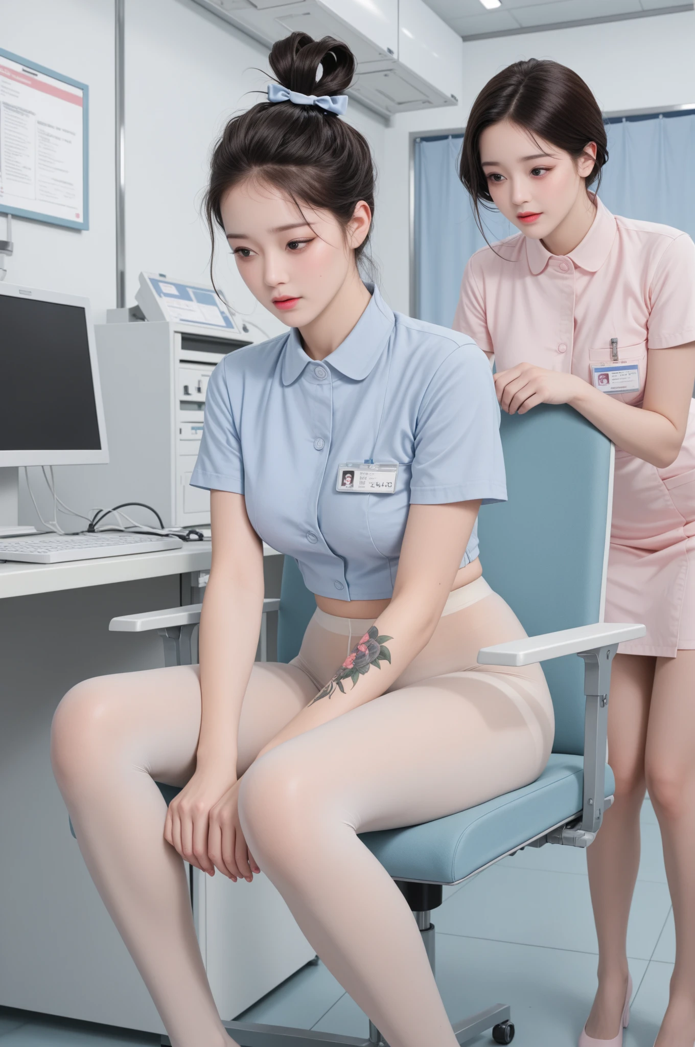 (RAW Photo, Best Quality), (Realistic, Photo Realistic: 1.3), Wide Angle Photo, Masterpiece, 2 Girls, Cute, Young, Perfect Body, Korean Top Beauty, (Full Body: 1.3), Realistic Face, Standing, Diffuse Light, Create Soft, Uniform Glow
In hospitals ((operating rooms)), surgical gloves, medical equipment, anesthesia machines
((((white and pink))))) nurse uniform smooth, slim, open, see-through, exposed chest, perfect breasts and buttocks, slim legs, nurse, nurse cap, stethoscope, ((black stockings, sitting side by side, small fair pink feet)))