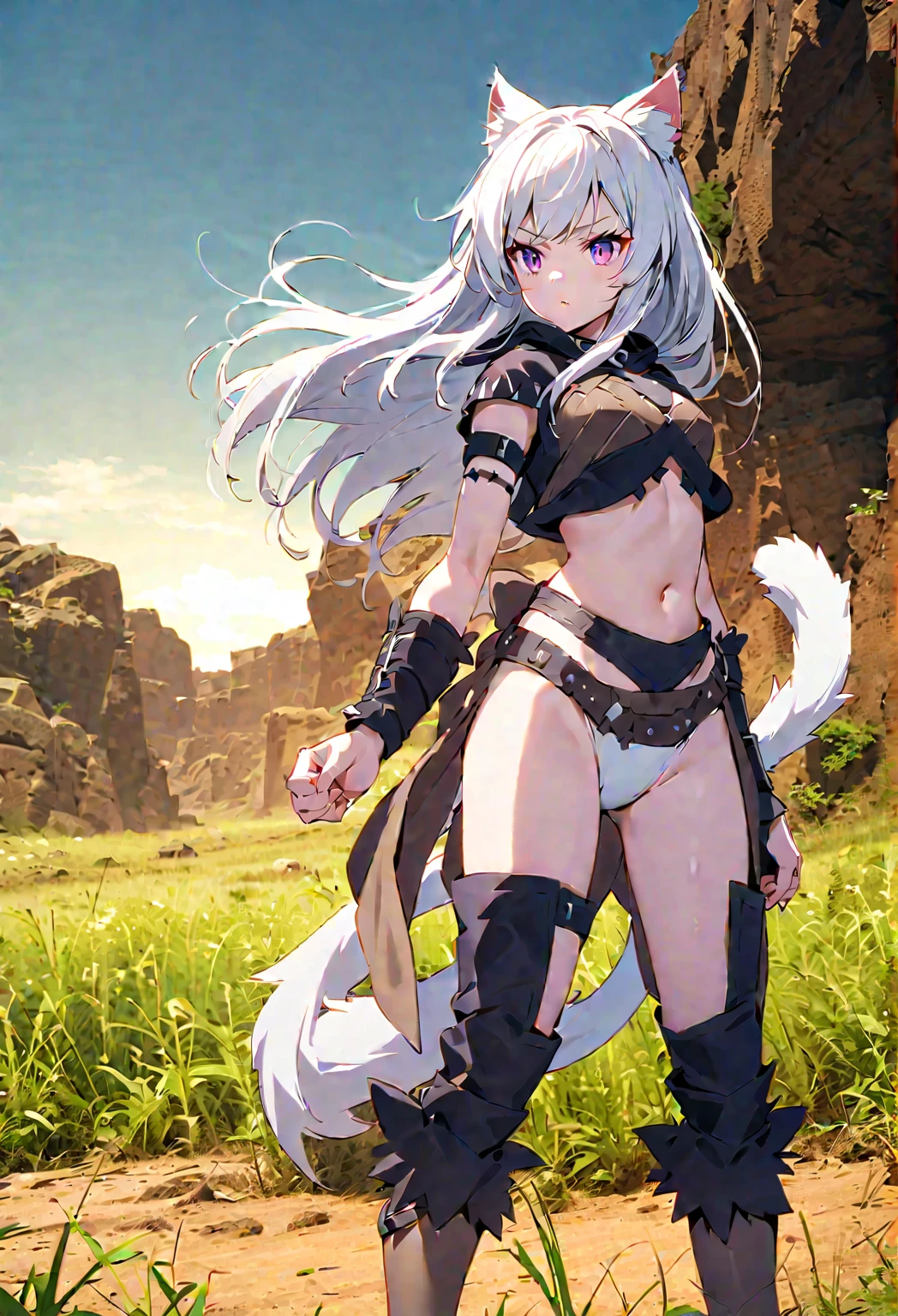 (8k, Anime Style, Highest quality, (from below:2), View your viewers: 1.3), (Fox Girl, Fox Ears, Silver Hair, one person's, Long Hair, (Alone on the screen, dark skin), High definition:1.6), (Bikini Armor, Less exposure:1.8), (Body measurements are 75-60-75!, Height: 145cm, Body Type, Small breasts, slender, (Model pose, I can see the valley, bent over):1.9),(美しいface, Delicate drawing, It is written down in detail), Avatar, face, 色っぽいface, Dominant representation, naughty face, Uplifting, Skin Texture, outside, ruins, Ruined City, Broken Building