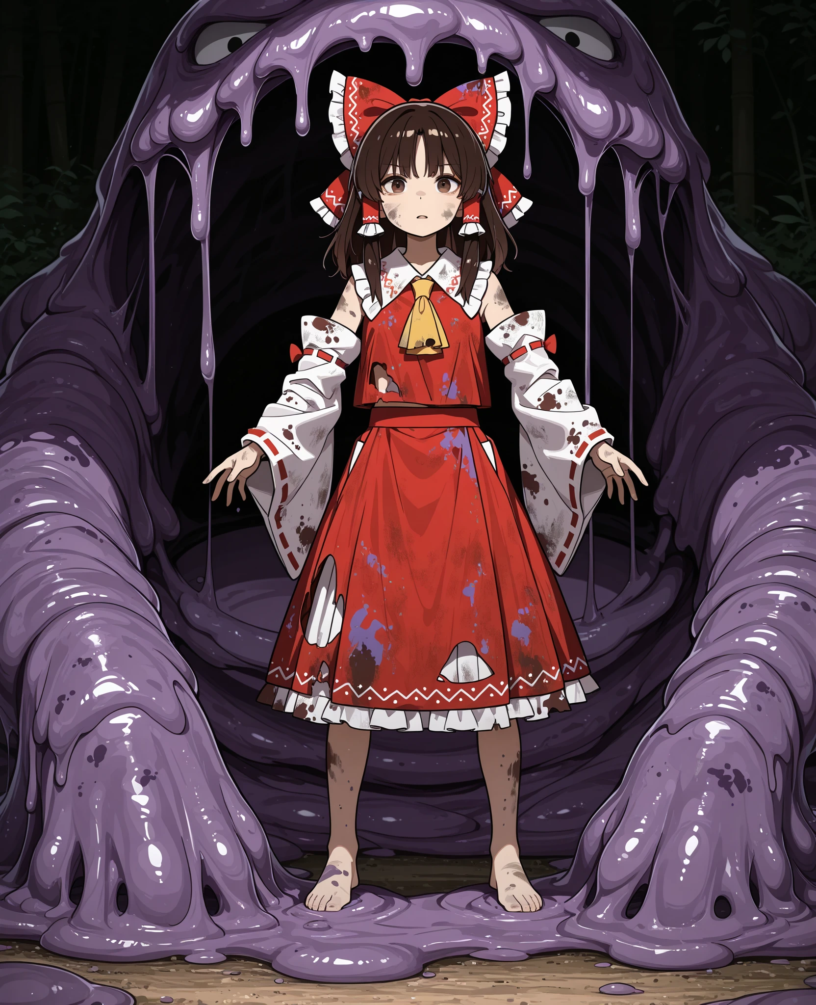 A girl with a scary face wearing Japanese clothes is sticking her head out of a deep well. Well in the forest、old well