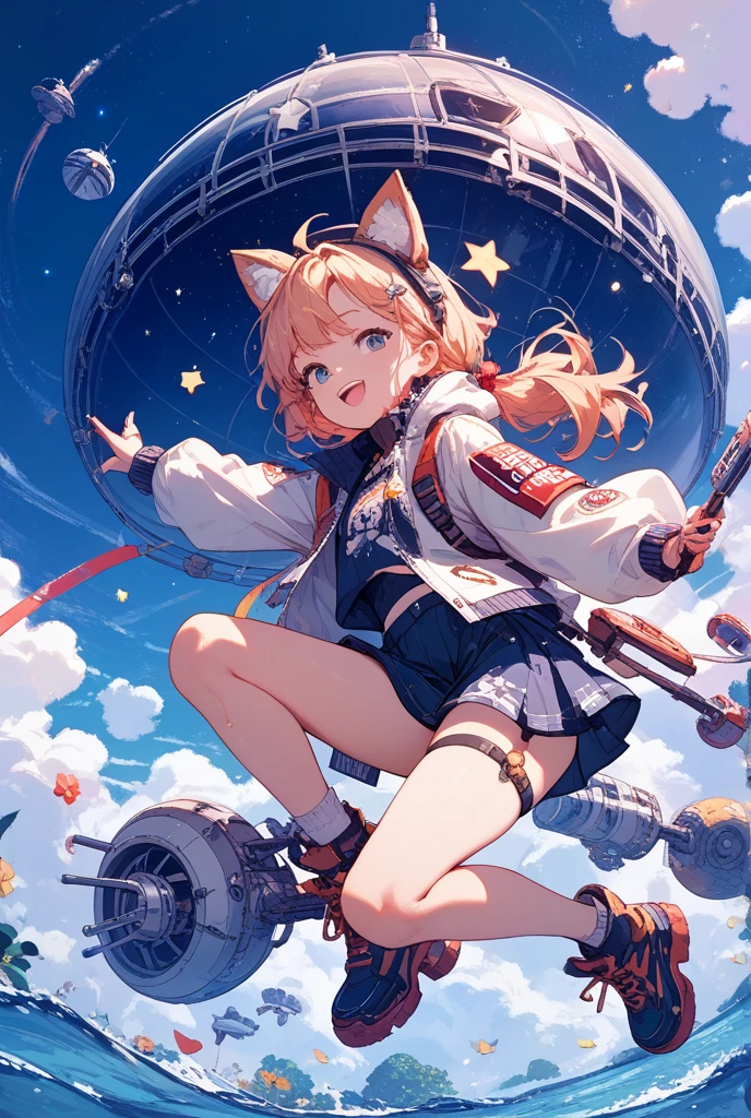 1girl, ebenya, looking at viewer, red and blue hair, neko, cat ears, cat tail, princess lea uniform, star wars death star background, star wars
