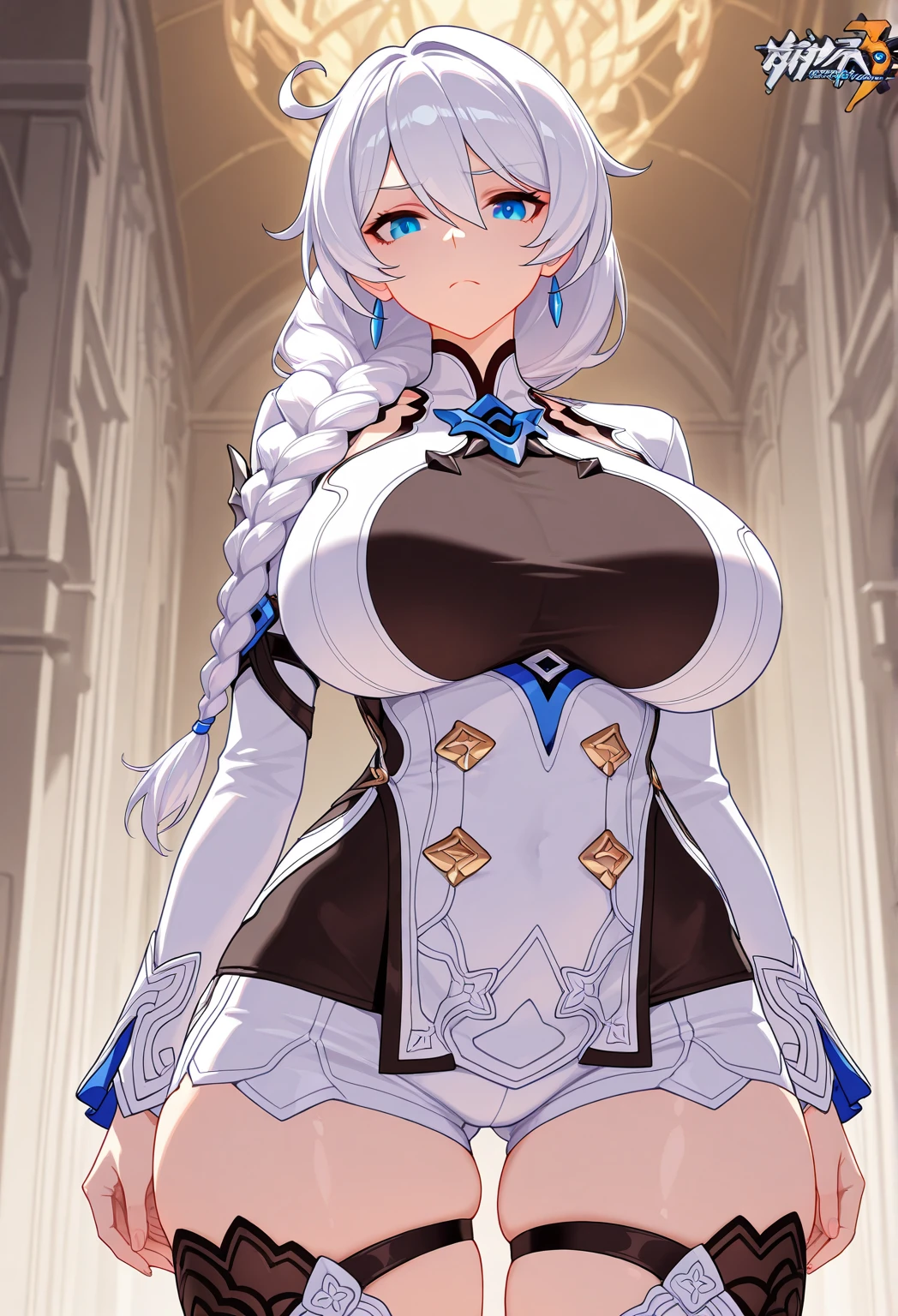 [[[ ultra-detailed, best quality, soft skin, beautiful, 4K]]] white hair, blue eyes, tied-up hair, slender body, dynamic angle, chainmail, white armor, white fox ears, calm expression, female, snowy palace gardens background, serious expression. walking angle, ((little horny smile)) big huge massive breasts 