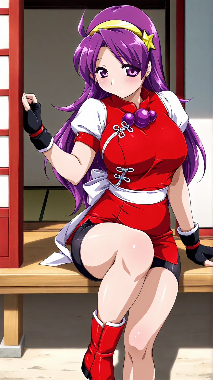  score_9,score_8_up,score_7_up, source_anime, BREAK 1girl, Oboro, sitting on the floor and showing her feet, (pov from below:1.3), micro POV, stepping on viewer, foot focus, barefoot, both detailed feet, five toes, smooth natural toenails, smirk, purple hair, short hair, blunt bangs, eyeshadow, low ponytail, lipstick, makeup, detailed face, red eyes, red long dress,bare shoulders, red elbow gloves,large breasts, thighs,necklace, mature female BREAK  best quality, official art, anime keyvisual, anime screencap