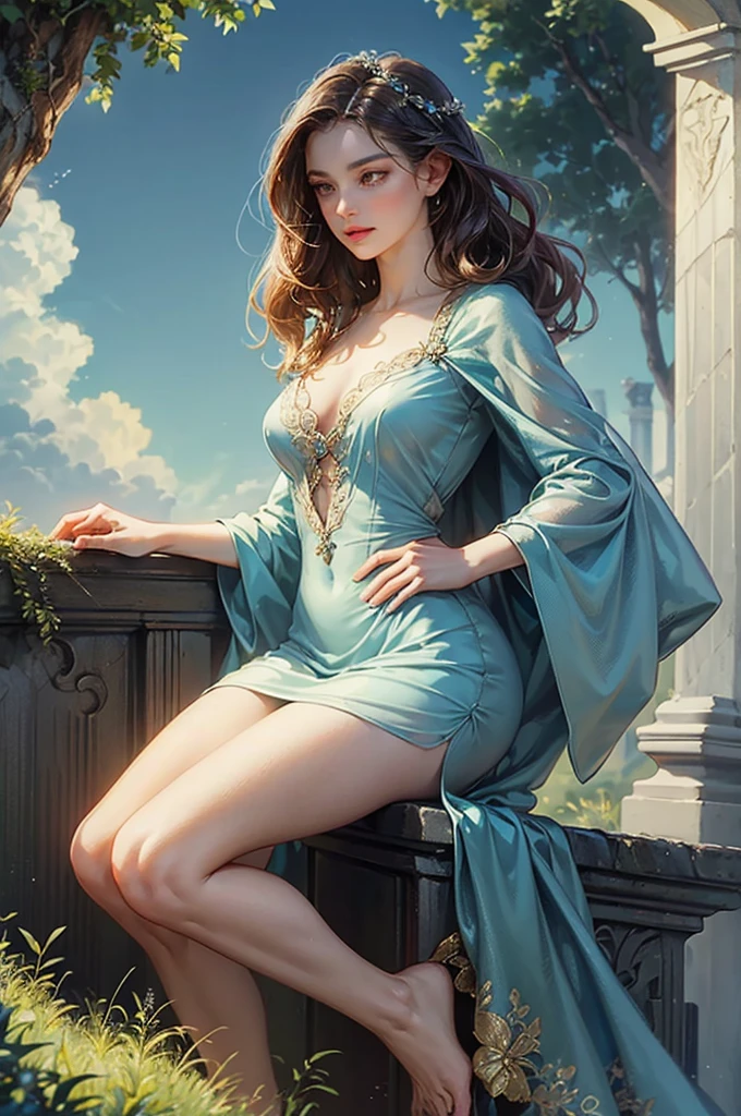 masutepiece, Best Quality, Illustration, Ultra-detailed, finely detail, hight resolution, 8K Wallpaper, Perfect dynamic composition, Beautiful detailed eyes, Natural Lip, sexy knitted dress , Big breasts, cleavage, Random sexy poses, full body
